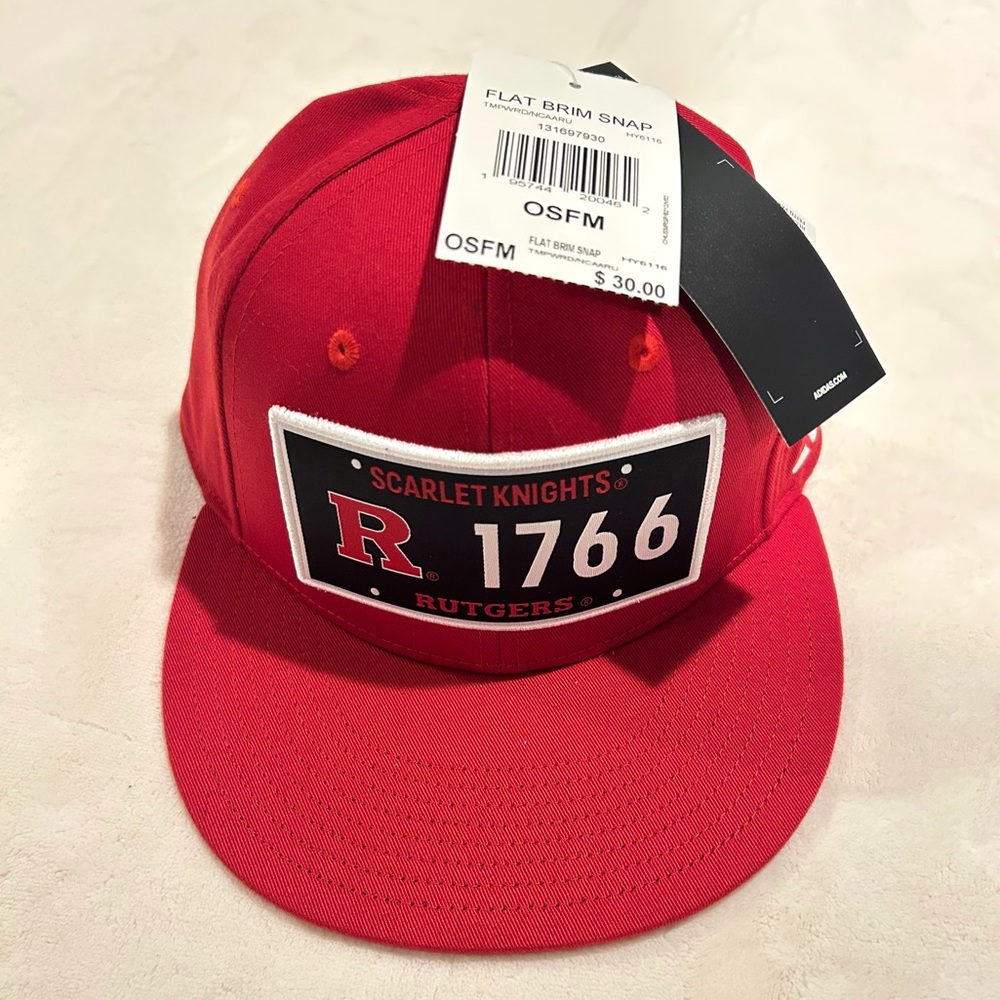 Rutgers University Merch Adidas Flatback Cap Black and Red License Plate